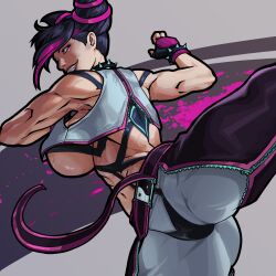 1girls absurdres action_pose asymmetrical_bangs baggy_pants bangs belt black_hair bracelet breasts capcom chaps clothed collar crop_top equinox006 evil_grin female female_only fingerless_gloves gloves hair_horns huge_breasts human juri_han kicking midriff muscles muscular_female navel pants partially_unzipped pink_eyes pink_hair sideboob smile solo spiked_bracelet spiked_collar street_fighter street_fighter_6 sweat triceps two_tone_hair underboob vest ying_yang_symbol