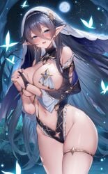 1girls black_hair blue_eyes breasts butterfly elf elf_ears elf_female female huge_breasts light-skinned_female light_skin long_hair moon night original original_character outdoors pointed_ears pointy_ears smile sora_72-iro thick_thighs wide_hips