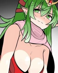 1girls bangs big_breasts busty cleavage dragon dragon_girl fire_emblem fire_emblem_awakening green_eyes green_hair large_breasts long_hair looking_at_viewer nintendo pointy_ears ponytail scarf smile smug smug_face tavi_(hosheezus) tiki_(adult)_(fire_emblem) tiki_(fire_emblem)