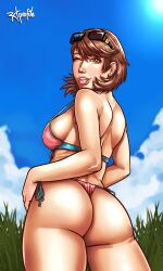 ass bikini breasts earrings light-skinned_female light_skin looking_at_viewer megami_tensei one_eye_closed persona persona_3 ramiro_de_la_cruz short_hair sunglasses sunglasses_on_head thighs tongue tongue_out voluptuous wink winking_at_viewer yukari_takeba