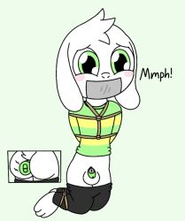 anthro asriel_dreemurr blush bondage boss_monster bound bovid caprine chastity_device clothed clothing fur gag gagged_speech goat hi_res male male_only mammal muffled partially_clothed restraints rope rope_bondage rope_harness solo submissive submissive_male tape tape_gag undertale undertale_(series) video_games white_body white_fur zxc14