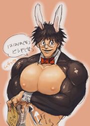 big_pecs black_hair bowtie bunny_boy bunny_ears bunnysuit cleavage colored_sketch glasses hayami_masaki huge_pecs japanese_text kengan_(series) kengan_ashura kengan_omega kuso_chihuahua looking_at_viewer male male_only moobs muscular muscular_male pecs reverse_bunnysuit shrug_(clothing) skin_tight smile solo spiky_hair tight_clothing