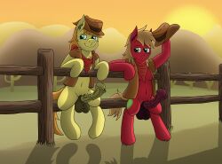 absurd_res balls bandana big_macintosh_(mlp) biped braeburn_(mlp) clothed clothing duo earth_pony equid equine fence feral friendship_is_magic genitals hasbro hat headgear headwear hi_res horse kerchief looking_at_viewer male male/male mammal my_little_pony navel open_clothing open_topwear partially_clothed penis pony sitting smile sunset tacomytaco topwear vest