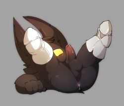 anthro anus ass balls black_body black_fur bodily_fluids clothing cum cum_in_ass cum_inside erection footwear footwear_only fur genital_fluids genitals glans grey_background hi_res league_of_legends leaking_cum leaking_precum legs_up looking_at_genitalia looking_at_penis looking_through looking_through_legs lying male mostly_nude on_back penis perineum pink_anus pink_glans precum precum_on_penis presenting presenting_hindquarters rear_view riot_games shoes shoes_only simple_background smite_(artist) solo spread_legs spreading veigar video_games yellow_eyes yordle