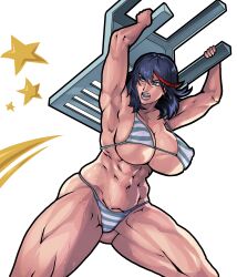 1girls abs absurdres action_pose armpits bangs bikini black_hair blue_eyes breasts chair cleavage clothed equinox006 female female_only front_view hair_between_eyes hair_streak huge_breasts human improvised_weapon kill_la_kill lipstick matoi_ryuuko muscles muscular_female muscular_thighs navel nipple_bulge open_mouth perky_breasts red_hair red_lipstick simple_background skimpy skindentation solo spread_legs straight_hair striped_bikini sweat thick_thighs underboob white_background