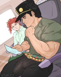 2boys bara biceps black_hair bulge bulge_through_clothing clothed hand_under_chin hat jojo's_bizarre_adventure jotaro_kujo light-skinned_male looking_at_penis looking_down male male_only man_boobs muscular muscular_male noriaki_kakyoin red_eyes red_hair sitting stardust_crusaders tobbyc2 yaoi