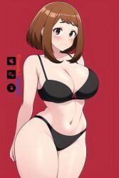 1girls ai_generated bra brown_eyes brown_hair funemily1 hands_behind_back large_breasts my_hero_academia nai_diffusion ochako_uraraka panties smile stable_diffusion tagme thick_thighs watermark