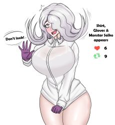 afimaki alternate_version_available blush bottomless bra braces breasts clothed danganronpa danganronpa_3 embarrassed kimura_seiko large_breasts no_panties no_pants no_skirt nopan see-through_clothing straight_hair strip_game thick_thighs thighs visible_bra_through_clothes wardrobe_malfunction wet_shirt