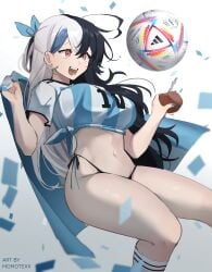 1girls ball big_breasts black_hair fifa football_uniform latina light-skinned_female light_skin mixed_hair_color momotexx_(artist) momotexx_(vtuber) rkgk smile tummy two_tone_hair virtual_youtuber vyugen white_hair world_cup