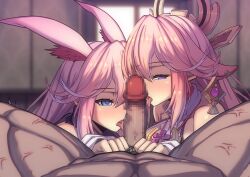 1boy 2girls animal_ears bangs bare_shoulders blurry blurry_background blush censored collaborative_fellatio company_connection crossover earrings erection fellatio ffm_threesome fox_ears genshin_impact group_sex hair_ornament honkai_(series) honkai_impact_3rd indoors japanese_clothes jewelry lao_meng licking licking_penis light-skinned_female light_skin long_hair looking_at_viewer male_pubic_hair mihoyo mosaic_censoring multiple_girls name_connection open_mouth oral penis pink_hair pov pov_eye_contact pubic_hair purple_eyes sakura_ayane teamwork threesome tongue tongue_out trait_connection voice_actor_connection yae_miko yae_sakura yae_sakura_(gyakushinn_miko)