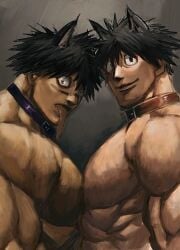 2boys animal_ears black_hair clone collar crazy_eyes dog_boy dog_collar dog_ears facial_tattoo hayami_masaki kemonomimi kengan_(series) kengan_ashura kengan_omega kuso_chihuahua long_tongue looking_at_viewer male male_only meguro_masaki muscular muscular_male painting_(artwork) pecs profile safe smile spiky_hair tan_skin tongue_out topless topless_male upper_body wide_eyed