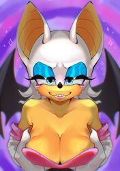 absurd_res anthro bat bat_wings big_breasts breasts cleavage fangs female fondling friddscat hi_res large_breasts looking_at_viewer mammal membrane_(anatomy) membranous_wings pinup pose rouge_the_bat sega self_fondle solo sonic_(series) sonic_the_hedgehog_(series) wings