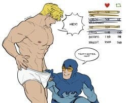 blue_beetle booster_gold bulge dc dialogue english_text gay male male_only melonnabab michael_carter muscles muscular muscular_male strip_game superhero ted_kord underwear underwear_pull