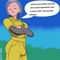 1futa big_ass big_butt blue_hair bulge bulge_through_clothing bulma_briefs dragon_ball dragon_ball_super eronsfw futa_only futanari spanish_text yellow_bodysuit