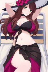 1girls alternate_costume armpits arms_behind_head bare_midriff bare_thighs beach_chair black_bikini black_swimsuit breasts brown_hair chair cleavage dorothea_arnault dorothea_arnault_(summer) female female_only fire_emblem fire_emblem:_three_houses fire_emblem_heroes green_eyes hat huge_breasts light-skinned_female light_skin looking_at_viewer midriff nintendo official_alternate_costume purple_bikini purple_swimsuit sa_(nax49) sarong smile solo sun_hat thick_thighs thighs