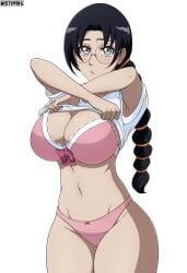 1girls armpits big_breasts black_hair black_hair_female bleach bleach:_the_thousand-year_blood_war blue_eyes blush bottomless bra braid braided_ponytail breasts busty cleavage clothing clothing_lift eyewear female female_only glasses huge_breasts katori_batsu'unsai legs_together lifted_by_self light_skinned_female long_black_hair long_hair long_hair_female looking_at_viewer matching_underwear megane mistowing panties pink_bra pink_panties pinup pixiv removing_clothing removing_shirt shirt shirt_lift solo solo_focus taking_clothes_off thick_thighs three-quarter_portrait tied_hair underwear undressing undressing_self upper_body voluptuous white_background wide_hips