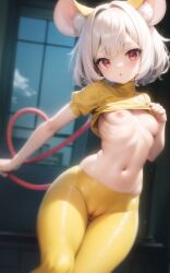 ai_generated animal_ears breasts cameltoe latex leggings light_skin mouse nazrin nipples red_eyes shiny_clothes short_hair stable_diffusion tail thick_thighs tight_clothing touhou white_hair