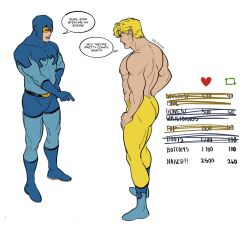 2boys angry ass athletic athletic_male bara blonde_hair blue_beetle blue_clothing bodysuit booster_gold butt clothed clothed_male clothing dc dialogue english_text full_body fully_clothed gloves hair male male_only melonnabab michael_carter muscles muscular muscular_male partially_clothed plain_background shirtless_male short_hair shouting side_view standin stealing_clothes strip_game superhero ted_kord text topless topless_male twitter white_background yellow_hair