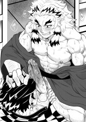 abs age_difference balls bara big_penis blush boner demon_slayer erection gay hair_grab imminent_oral kamado_tanjirou kimetsu_no_yaiba male_only monochrome muscular_male partially_clothed pecs precum rengoku_shinjurou size_difference smiling sweating tofuboyz yaoi