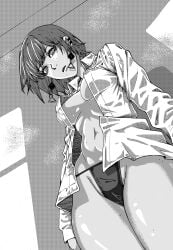 accessory areolae braless cameltoe chainsaw_man clothed curvy curvy_figure earrings fami_(chainsaw_man) fit_female grey_hair highres looking_at_viewer looking_down manga_style medium_breasts medium_hair midriff mole monochrome monochrome_background mu_tou nipple_slip open_mouth pupils skimpy_clothes thick_ass thick_thighs tilted_head underwear undressing unusual_eyes white_shirt