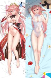 absurdres animal_ears armpits breasts cuddly_octopus dakimakura_(medium) dakimakura_design earrings female flower fox_ears genshin_impact hair_between_eyes hat highres japanese_clothes jewelry keine09 large_breasts long_hair miko navel nipples open_mouth pink_hair purple_eyes pussy swimsuit thigh_gap uncensored yae_miko