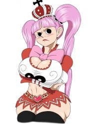 big_breasts boots breasts chadmare crown eyelashes female female_only large_breasts lipstick lolita_fashion long_sleeves one_piece perona pink_hair pouty skirt stockings striped_stockings thick_thighs tight_shirt top_heavy twintails wide_hips