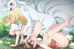 1pokemon 2girls after_sex all_fours alolan_ninetales alternate_hairstyle azio blonde_hair breasts egg_laying female female_penetrated femsub feral feral_on_female feral_on_human group group_sex interspecies lactation lillie_(pokemon) male_animal mostly_nude ninetales nintendo nude nude_female penetration pokemon pokemon_sm pokephilia ponytail pregnant selene_(pokemon) sex thighs threesome twin_braids vaginal vaginal_penetration vaginal_sex zoophilia