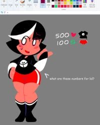 androgynous black_hair black_socks blush femboy jjoyplus joy_(jjoyplus) mob_face no_outlines open_mouth red_shorts red_skin short_shorts sweat sweatdrop tagme text white_streak