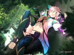 1boy barefoot blue_eyes erect_penis erection ezreal faerie_court_ezreal faerie_court_series fairy glitter lawwclair laying_down league_of_legends male_only penis_out pink_hair ripped_clothing ripped_pants solo solo_focus solo_male tree