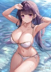 1girls bikini breasts cleavage female genshin_impact huge_breasts light-skinned_female light_skin long_hair navel outdoors purple_eyes purple_hair raiden_shogun slim_waist takenoko_pengin thick_thighs twitter_username water wet wide_hips