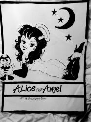 alice_angel angel bendy_and_the_ink_machine big_ass big_butt black_hair black_lips black_lipstick gloves halo heels horns lipstick long_hair naked photo_(medium) pinup pinup_pose publikwerx smile smiling smirk smirking