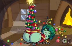 adventure_time bent_over cartoon_network christmas christmas_lights christmas_tree female green_eyes green_hair green_skin huntress_wizard legs_together legs_up mask mr_valentine00 solo solo_female talking_to_another text