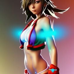 1girl 1girls ai_generated bikini breasts brown_eyes brown_hair female female_only gloves glowing kingdom_hearts light-skinned_female light_skin looking_at_viewer rubycks rule_63 simple_background sora sora_(kingdom_hearts) spiky_hair