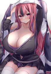 1girls alternate_hairstyle azur_lane beauty_mark blush breasts bremerton_(azur_lane) bremerton_(relaxation_consultation)_(azur_lane) cleavage eagle_union_(azur_lane) female hair_down huge_breasts light-skinned_female light_skin long_hair looking_at_viewer massive_breasts mole_on_breast mole_under_eye pink_eyes pink_hair short_skirt skirt thick_thighs yuuki_shuri