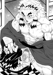 2boys abs age_difference balls bara big_penis blowjob blush boner demon_slayer erection gay hair_grab kamado_tanjirou kimetsu_no_yaiba male_only monochrome muscular_male oral_sex partially_clothed pecs pleasure_face rengoku_shinjurou size_difference sweating tofuboyz yaoi