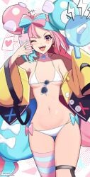 1girls bikini blue_hair breasts female grin gym_leader honeym iono_(pokemon) light-skinned_female light_skin long_hair nintendo phone pink_eyes pink_hair pointy_teeth pokemon pokemon_sv selfie small_breasts smile twintails two_tone_hair white_bikini