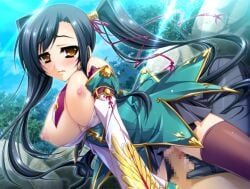 1boy 1girls big_breasts black_hair blush censored chinese_girl defloration female gold_eyes hongou_kazuto kan'u_unchou_(koihime) koihime†_(series) koihime_musou long_hair male nipples sex