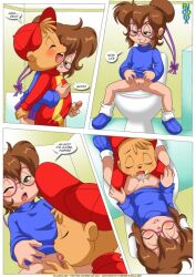 alvin_and_the_chipmunks alvin_seville baseball_cap chipettes cunnilingus glasses holding_penis jeanette_miller licking_pussy penis_grab sitting_on_toilet tagme talking_to_partner toilet