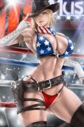 american american_flag_bikini armed armpits armwear belly_button bikini blonde blonde_hair blue_eyes casual cleavage cowboy_boots cowboy_gloves cowboy_hat dead_or_alive deep_cleavage ear_piercing earrings female female_only firearm footwear fully_clothed gun handgun handwear hat headwear holster huge_breasts human large_breasts legwear medium_hair one_eye_visible pale_skin public red_thong revealing_clothes revolver scarf skimpy_clothes solo solo_female swimwear texan thong tina_armstrong we1cometoparadiseart weapon welcometoparadise wrestling_ring wtparadise