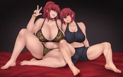 2girls aizawa_akemi aizawa_tomo big_breasts bike_shorts bikini breasts clothed daughter duo eye_contact female female_only first_porn_of_character huge_breasts looking_at_viewer mature_female milf mother_and_daughter multiple_girls muscular_female red_eyes red_hair short_hair shorts sockinajar sports_bra thick_thighs tomboy tomo-chan_wa_onna_no_ko wide_hips