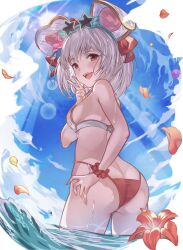 animal_ears arutoria_(187497382) ass bangs bikini blue_sky blush bob_cut breasts clothing cloud day eyewear_on_head fake_animal_ears female flower from_behind granblue_fantasy hand_on_hip high_resolution huge_ass looking_at_viewer looking_back medium_breasts mouse_ears ocean open_mouth outdoors partially_submerged red_bikini red_eyes red_swimsuit scrunchie short_hair sideboob sky smile solo standing star-shaped_eyewear striped striped_bikini striped_swimsuit sunglasses swimsuit v very_high_resolution vikala vikala_(blooming_summer_wallflower)_(granblue_fantasy) vikala_(granblue_fantasy) wading water wet white_hair wrist_scrunchie