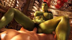 1boy 1girls 3d big_breasts blizzard_entertainment cowgirl_position erection fangs female green-skinned_female green_skin hairy_pussy hbnoob huge_breasts human_male light-skinned_male light_skin male muscular_female orc orc_female penis pleasure_face pubic_hair vaginal_penetration vaginal_sex world_of_warcraft