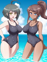 2girls asahina_aoi beach breasts danganronpa danganronpa:_trigger_happy_havoc danganronpa_1 danganronpa_ultra_despair_girls female female_only human large_breasts multiple_girls naegi_komaru one-piece_swimsuit straight_hair swimsuit thighs wet_skin zetsumu ztm