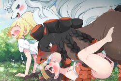 2girls 2pokemon all_fours alolan_ninetales alternate_hairstyle azio blonde_hair breasts censor_bar censored female female_penetrated horse horse_penis horsecock interspecies lillie_(pokemon) missionary missionary_position mudsdale ninetales nintendo penetration pokemon pokemon_sm pokephilia ponytail selene_(pokemon) sex thighs twin_braids vaginal_penetration vaginal_sex zoophilia