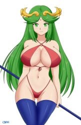 alternate_costume artist_logo ass_visible_through_thighs blank_background female front-tie_top green_eyes green_hair halter_top holding_object kid_icarus kid_icarus_uprising looking_at_viewer minislimeez navel nintendo object_behind_back palutena sideboob smile staff thick_thighs thighhighs thong