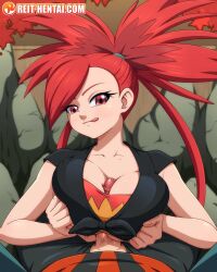 1boy 1girls background big_breasts boobjob breasts brendan_(pokemon) female flannery_(pokemon) flannery_(pokemon_oras) gym_leader looking_at_viewer paizuri paizuri_under_clothes partial_male pokemon pokemon_oras pokemon_trainer pov red_eyes red_hair reit tagme watermark