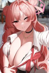 1girls blue_archive breasts choker cleavage cute_fang female gehenna_academy_student halo huge_breasts kirara_(blue_archive) light-skinned_female light_skin long_hair naughty_face necklace nicorima pink_eyes pink_hair selfie single_fang smile solo sparkle_club_(blue_archive) twin_buns