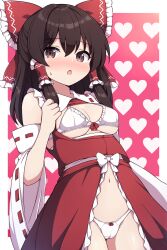 adapted_costume bare_shoulders blush bow bra breasts breasts_out brown_eyes brown_hair cameltoe cowboy_shot detached_sleeves hair_between_eyes hair_bow hair_tubes heart heart_background japanese_clothes long_hair navel nontraditional_miko open_mouth panties red_bow reimu_hakurei revealing_clothes ribbon-trimmed_sleeves ribbon_trim rizento sidelocks small_breasts solo sweatdrop tagme touhou underwear white_bra white_panties white_sleeves wide_sleeves