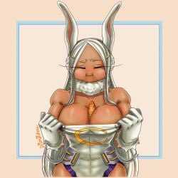 1girls big_breasts bunny_ears carrot carrot_paizuri cleavage crushing dark-skinned_female dismaiden eating female female_only miruko my_hero_academia rumi_usagiyama