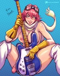 1futa 2022 areolae big_breasts big_penis breasts flaccid flcl futa_only futanari gloves guitar haruko_haruhara human light-skinned_futanari light_skin looking_at_viewer nipples nude penis pink_hair pururart scarf short_hair sitting solo spread_legs